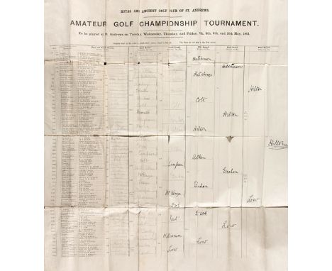 A draw sheet for the 1901 Amateur Golf Championship at St Andrews,
the first and second rounds printed with the names of the 