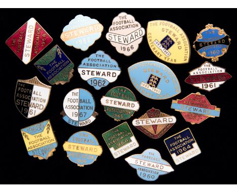 A group of 19 gilt-metal & enamel Football Association Steward's badges from the 1960s,
each inscribed THE FOOTBALL ASSOCIATI