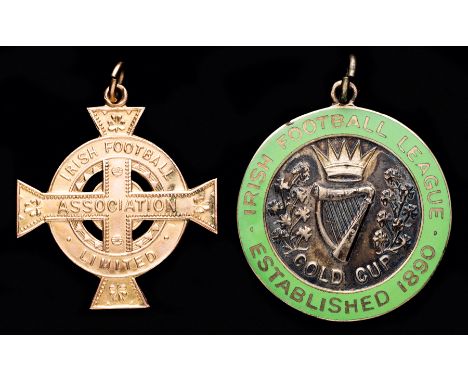 Two medals won by Jackie Milburn at Linfield FC,
i) 9ct. gold inscribed IRISH FOOTBALL ASSOCIATION LIMITED, J. MILBURN, LINFI