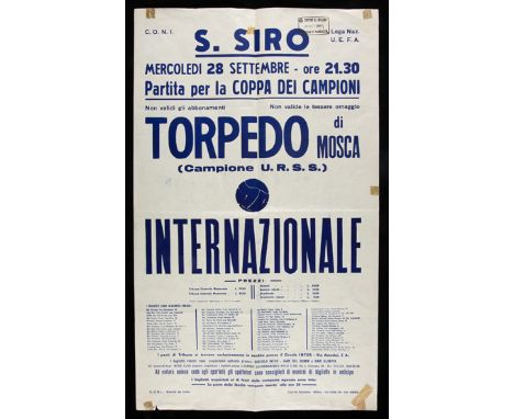 An official poster advertising the European Cup 1st Round Match between Internazionale and Torpedo Moscow at the San Siro, Mi