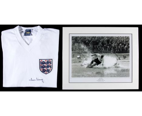 Sir Tom Finney: a signed shirt and photo print,
a signed Toffs retro white England shirt; and a signed photo print of the fam