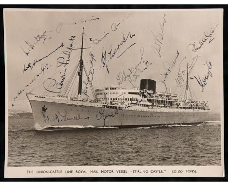 A b&w photograph of the Union-Castle Line "Stirling Castle" signed by the England cricket team for the 1948 Tour of South Afr