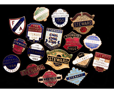 A group of seventeen gilt-metal & enamel Football Association Steward's badges from the 1950s,
each inscribed THE FOOTBALL AS