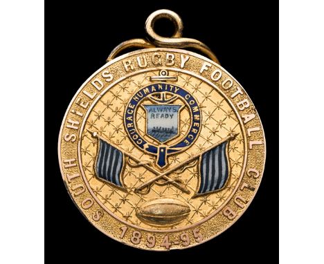 A South Shields Rugby Football Club medal 1895,
in 9ct. gold & enamel, inscribed SOUTH SHIELDS RUGBY FOOTBALL CLUB, designed 