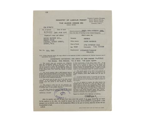 JIMI HENDRIX - The Patricia "Trixie" Sullivan Collection: Jimi Hendrix's British Work Permit 19 July to 10 November 1967 - Ji