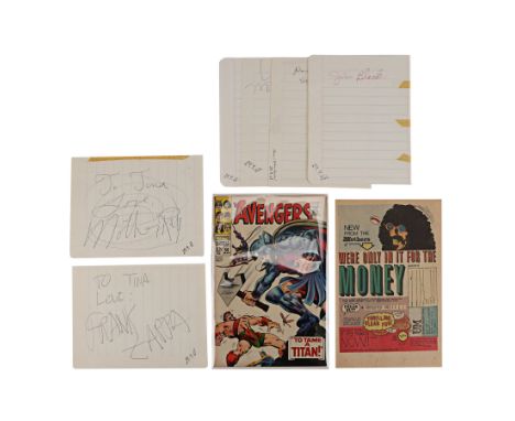 FRANK ZAPPA - Six Autographed Pages, The Avengers Comic Book Issue 50 and Advert Page - A collection of six autographs, issue