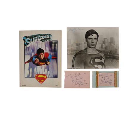 SUPERMAN (1978) - Set of Three Christopher Reeve Autographs and a Promotional Booklet - Three Christopher Reeve autographs an