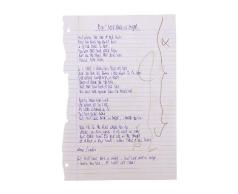 OASIS - Noel Gallagher Handwritten and Autographed "Don't Look Back In Anger" Lyrics - The lyrics for the Oasis song "Don't L