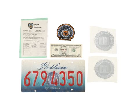 THE DARK KNIGHT (2008) - Police Badge and Evidence Ticket, Wayne Enterprises Labels, Gotham Number Plate and Promotional Bill