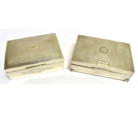 TWO SILVER CIGARETTE BOXES with engraved crest to lid for the Royal Engineers dated 11th November 1942, engine turned finish,