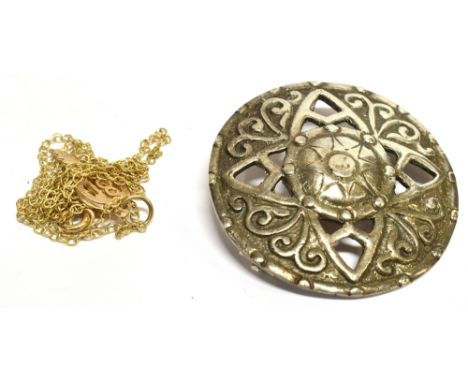 A 9 CARAT GOLD SMALL EIGHTEEN KEY PENDANT AND FINE CHAIN  weighing approx. 2.2 grams, together with a Scottish silver Celtic 
