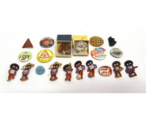 TWENTY ASSORTED BADGES  including eight enamel Robertson's golly badges (one lacking pin); an enamel Corgi Model Club badge; 