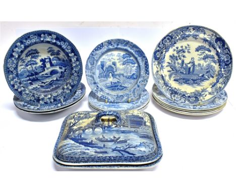 A GROUP OF SPODE TRANSFER PRINTED WARES  four 'Castle' pattern plates 21cm diameter; two rectangular dishes and a cover in 'T