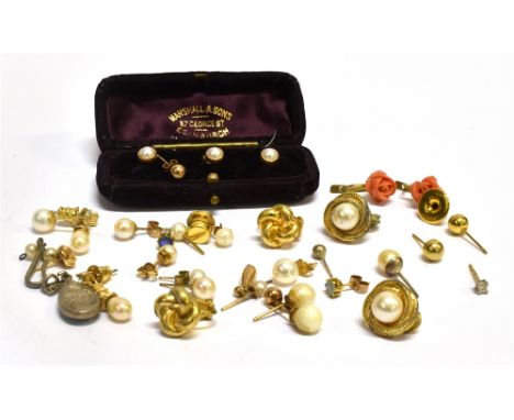 A QUANTITY OF ASSORTED EARRINGS to include some pearl studs, a pair of 9 carat gold bead studs, a pair of carved orange coral