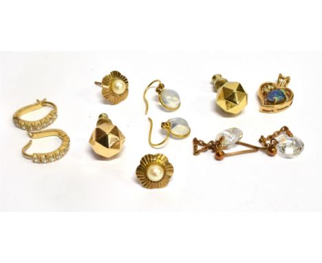 A QUANTITY OF FIVE 9 CARAT GOLD ASSORTED EARRINGS comprising studs and drops, together with a 9 carat gold opal doublet and w