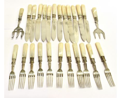 A SET OF TWELVE SILVER BLADED KNIVES AND ELEVEN SILVER FORKS and collars with mother of pearl handles, by Walker &amp; Hall, 