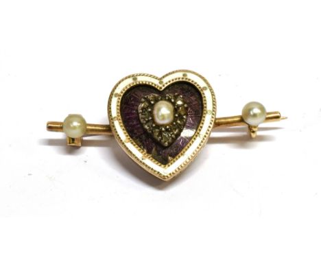 A VICTORIAN MOURNING BROOCH the heart shaped diamond, enamel and half pearl set front applied to bar brooch fitting, comprisi