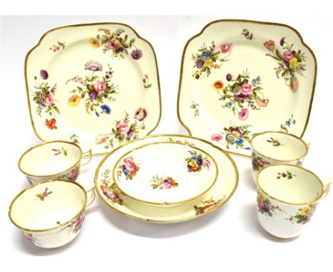 A COLLECTION OF EARLY 19TH CENTURY SPODE PORCELAIN  including a pair of square dishes with canted corners, painted floral spr