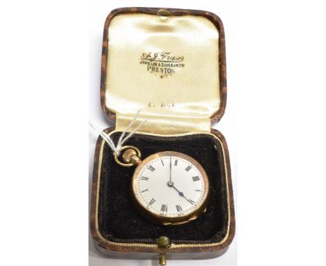 A LADIES 15 CARAT GOLD FOB/SMALL POCKET WATCH white enamel dial, roman numerals, top winding brass bar lever movement, hallma