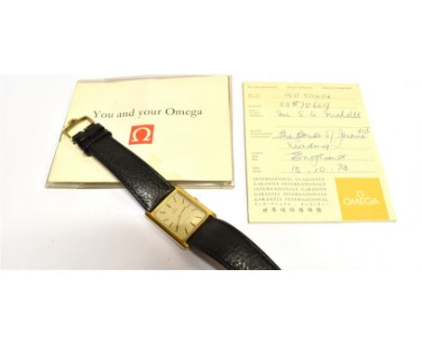 A GENTS VINTAGE OMEGA DE VILLE WRISTWATCH gold plated and steel slim rectangular watch with gold coloured dial, manual wind, 