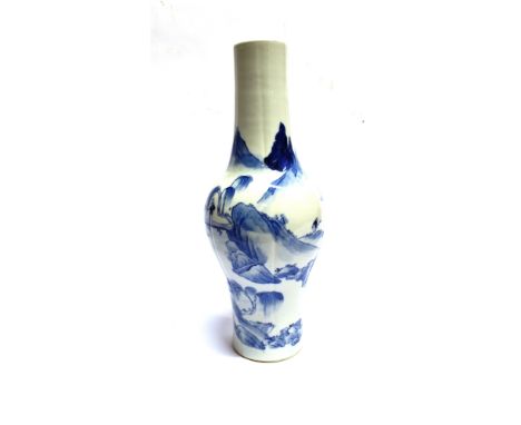 A CHINESE PORCELAIN BLUE AND WHITE VASE  decorated with figures in a landscape, bearing six figure Kangxi mark to base, 29.5c