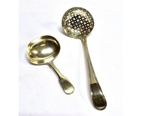 A GEORGIAN SILVER SIFTING SPOON round bowl with dot and cross piercing, monogrammed initials to stem, line border, hallmarked