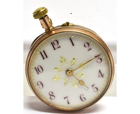 A 9 CARAT GOLD FOB WATCH  the small fob watch with white enamel dial, Arabic numerals, case size 30mm, floral decorated back,