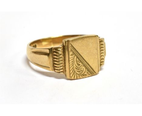 A 9 CARAT GOLD GENTS SIGNET RING  cushion shaped head (no inscription), ring size V, gross weight 5.3 grams Condition Report 