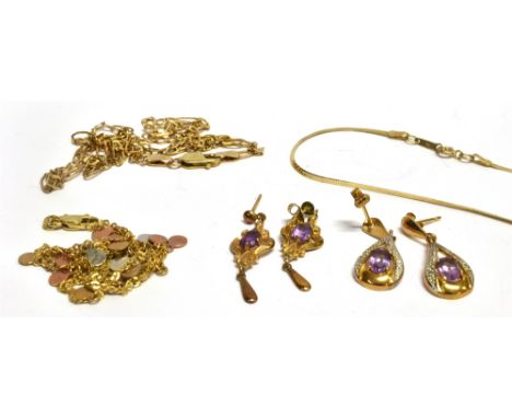 AN AMETHYST SINGLE STONE SET PAIR OF DROP EARRINGS  two tiny diamonds to each, together with a similar pair, non-diamond set,