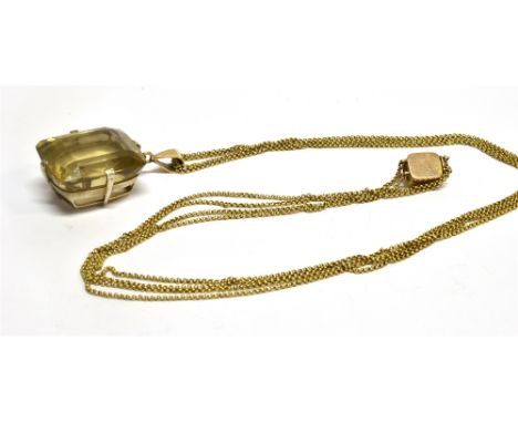 A TWO ROW GOLD LONG KEEP CHAIN  with square seed pearl set snap clasp, and a large silver set citrine single stone pendant dr