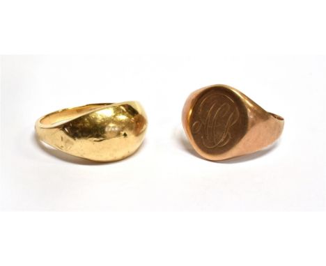 TWO 9 CARAT GOLD GENTS RINGS comprising one rose gold oval front signet ring, split shank, weight 2.3 grams and a plain yello