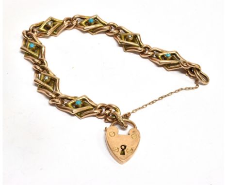A VICTORIAN 9 CARAT GOLD TURQUOISE AND SEED PEARL SET BRACELET WITH PADLOCK FASTENER tubular work interlocking arrow shaped l