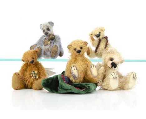 Five miniature artist teddy bears,  a Wendy Bears Patch with card tag -3½in. (9cm.) high; a Changle Bears; a Georgie Bears an