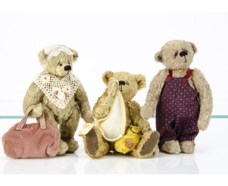 Three small Cobweb Cottage artist Teddy Bears,  Waif with pink handbag --5¾in. (14.5cm.) high; Leenie; and Rumpus with card t