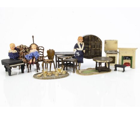 British 1930s dolls' house furniture,  Tri-ang Period furniture display cabinet,  armchair, two carvers, ladder back chair an