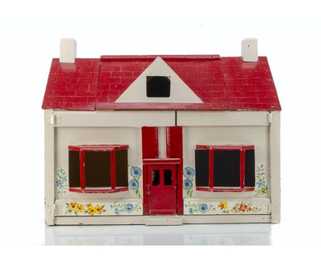  A home-made wooden Chalet Bungalow dolls' house,  painted white with red roof, front opening to reveal two rooms and room in