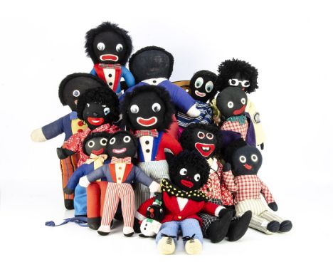 Twelve various Gollies,  mainly post-war unjointed British; a knitted example, a few probably Chad Valley and some halfway th