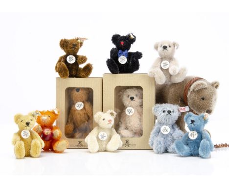 Nine Steiff Club gift teddy bears,  2002 and 2003, in original  boxes; 1997 to 2001, 2004 and 2005; a September bear from the