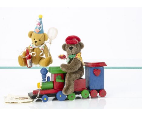 Two Louise Peers artist teddy bears, a Pawsonality Bear 'Edward the Engine Driver' with wooden train, 1 of 1, 1993 --4½in. (1