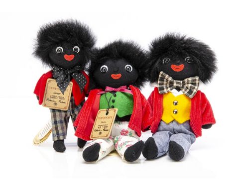 Three small Robin Rive Gollies, limited edition Rastus --9in. (23cm.) high and George with card tags; and another with seam l