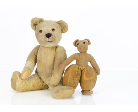 Two British teddy bears,  a 1920s blonde mohair teddy bear, probably Chad Valley with orange and black glass eyes, swivel hea