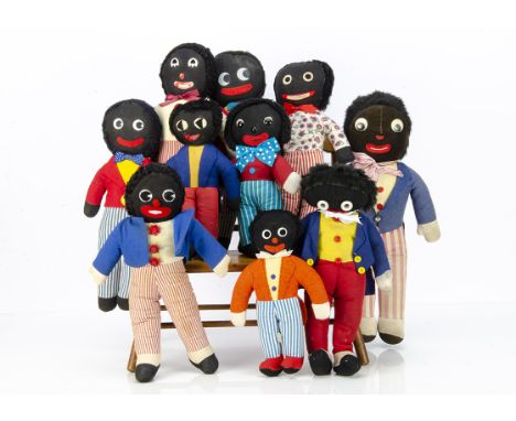 Ten manufactured Gollies 1950-1960s, the largest with velvet face, plastic eyes with floating pupils and internal chimes --19