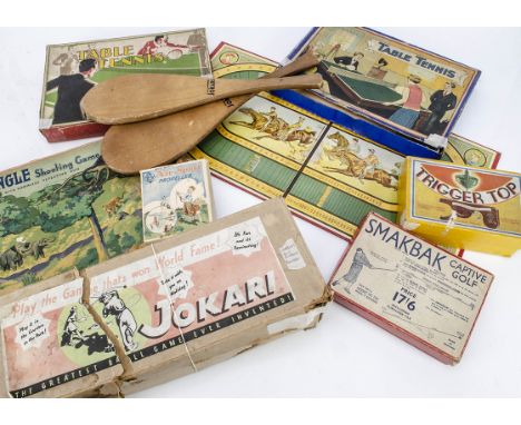 Various sporting games, Chad Valley - Jungle Shooting Game and Trigger Top, in original boxes; a horse racing board (board on