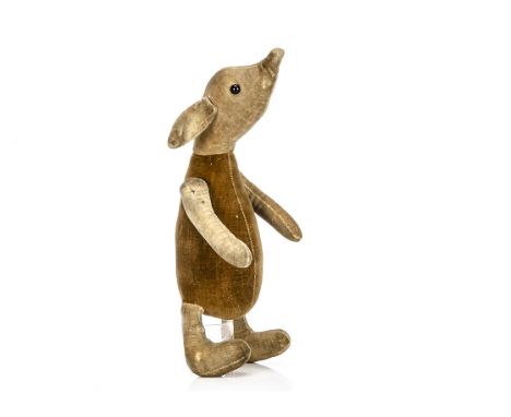 A rare British velvet Piglet from Winnie the Pooh,  with cream velvet head, arms and legs, black boot button eyes, brown velv