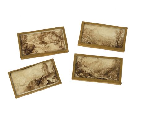 Four dolls' house miniature 19th century sepia watercolour landscapes,  probably from a sketch book, glazed and framed in gol