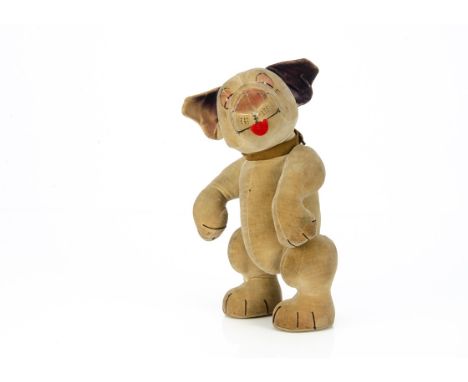 A Chad Valley jointed Bonzo the dog 1920s,  of cream velvet, spray stencilled pink eyes and nose, black detail, purple left e