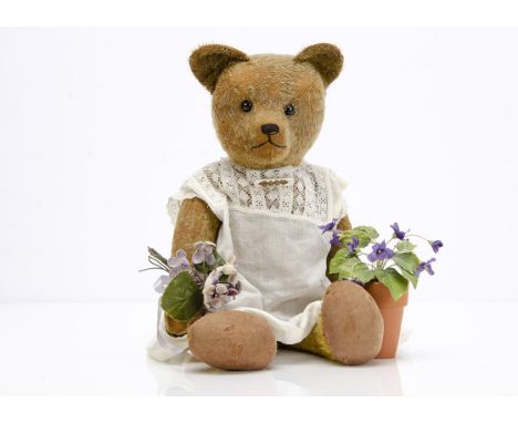 A German teddy bear circa 1920,  with golden mohair, black boot button eyes, pronounced muzzle, black stitched nose, mouth an