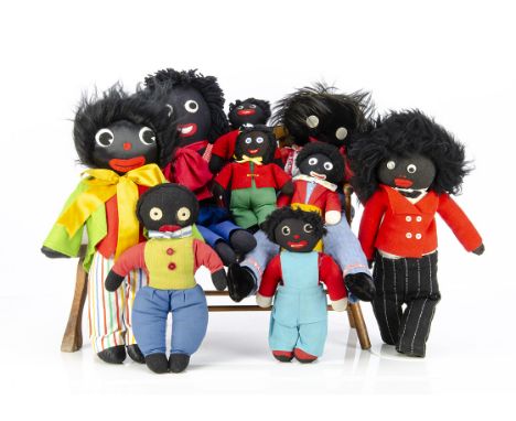 Nine various post-war Gollies, four home-made --21½in. (54.5cm.) height of largest; a small stockinette Golly in green and re
