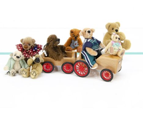 Eight miniature artist teddy bears,  a Teddies by Theresa Summer Days seated on a wooden tractor with trailer --5¼in. (13.5cm