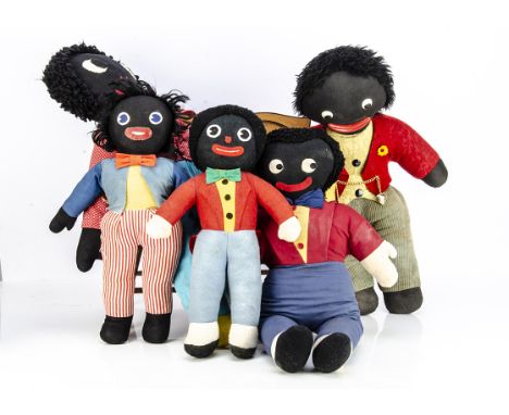 Five British post-war Gollies, a Pedigree Golly with neck seam label --24in. (61cm.) high; another probably Chad Valley, an a